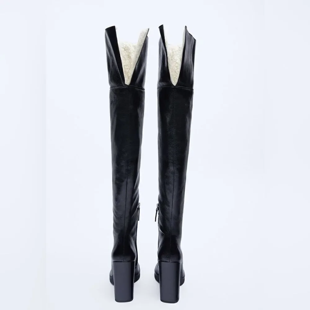 Zara OVER-THE-KNEE LEATHER BOOTS WITH FAUX SHEARLING LINING